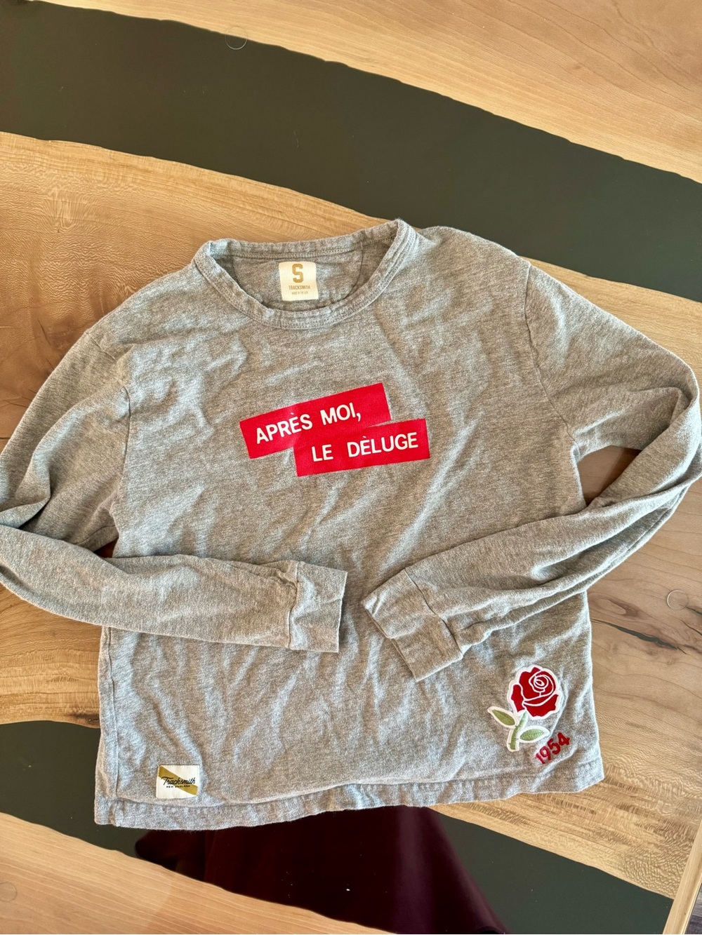 Tracksmith Gray Long Sleeve Tee with Red Graphic and Rose Patch